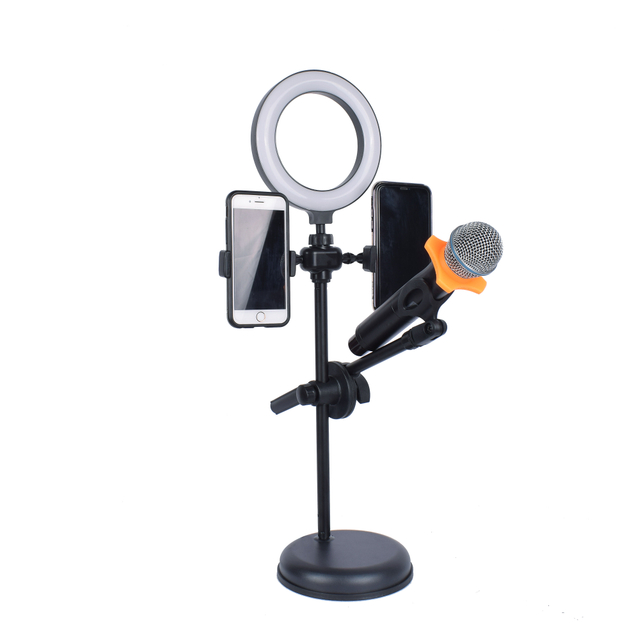 Fill Light Selfie Video Round Ring Lamp Base Tik tok Stand حامل الهاتف ميكروفون / حامل مع مصباح LED الدائري